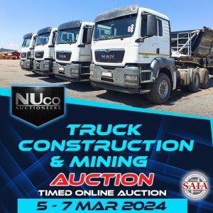 TRUCK, CONSTRUCTION & MINING ONLINE AUCTION – CENTURION | 5 March 08:00 - 7 March 10:30 | www.nucoauctioneers.com Located along the R21, Centurion - Nelmapius off-ramp 127 Sterkfontein Avenue, Doornkloof East, Centurion Secure pre-approved bank finance, contact Bouwer Bekker 082 829 7564 | www.auctionfinance.co.za #AuctionFinance #NucoAuctioneers #Contruction #Mining #TruckAuction Auth. FSP34936 Truck, Construction & Mining Online Auction 5 - 7 February Bidding Opens: Tuesday 5 February at 08:00 Bidding Closes: Wednesday 7 February from 10:30 Stay Updated Here https://ow.ly/yZfE50QBPx0 Viewing Days: 4 - 6 February Monday - Wednesday 08:00 - 16:00 If your bidding luck didn't go your way, no worries! We offer an extensive range of Mechanical Horses, Tipper Trucks, Water Tankers, Dropside Trucks, Side Tipper Link Trailers, Lowbeds, Flatdecks, TLBs, Excavators, Loaders, LDVs, Steel Structures, Generators, Solar Panels, and much more! Let us know what you were or are looking for, and we'll keep you updated. Location: Nuco Auctioneers Yard - 127 Sterkfontein Ave, Doornkloof East, Centurion https://ow.ly/9XsR50QBPx2 For More Auction Info Contact: 011 206 8963 | 063 688 8718 | info@nucoauctioneers.com