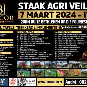 STAAK AGRI VEILING | Brocor Auctions | 7 March 11:00 | https://maps.app.goo.gl/XE5aicxjFM4zN5H86 20km Outside Bethlehem on the Fouriesburg Road Secure pre-approved bank finance, contact Celeste Steenberg on 082 374 5078 | www.auctionfinance.co.za #AuctionFinance #BrocorAuctions #LandbouWeekblad #MeerkatOnline #farminglife #followers #successful #excavator #tractor Auth. FSP34936 STRIKE AGRI AUCTION Sweepers, Tables, Tractors & Implements Date - 07 March 2024 Time - 11:00 Location - 20km Outside Bethlehem on the Fouriesburg Road https://maps.app.goo.gl/XE5aicxjFM4zN5H86 The auction is also available online through Meerkat Online Auctions. https://auctions.meerkatonline.co.za/auctions/864 Catalogue: https://www.brocor.co.za/7-march-2024 Kontak: Andre: 082 551 7169 / AJ: 073 091 3878 REGISTER NOW, DON'T MISS THIS ONE!!! Brocor Auctions #farmlife #OFM #LandbouWeekblad #MeerkatOnline #farminglife #followers #successful #excavator #tractor