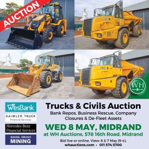 MIDRAND TRUCK & CIVILS AUCTION | WH AUCTIONEERS AUCTIONS | 28 May 10:30 | wh.co.za ■ Horses, Crane Dropsides, Chassis Cabs, Rollbacks, Tippers, Skipbin& Flatdeck Rigids. ■ ADT's, Excavators, TLB's, Graders, Wheel Loaders, Dozers. ■ 2019 Powerscreen Premiertrak 400 Jaw Crusher ■ 32 Ton & 7 Ton Diesel Forklifts ■ Small Plant including Fuel Storage Tanks, Tamping Rammers, Compactors, Diesel Bowser Trailers, Tool boxes, Lighting Towers, Mini Excavators, Mini Skidsteers, Compact Skipbin Trailers, Welders, Compressors and more. Secure pre-approved bank finance, contact Lizette Muller on 072 105 8379 | www.auctionfinance.co.za #AuctionFinance #CommercialFinance @WHAuctions #trucksforsale #earthmovingmachinery #constructionequipment #dozer #excavator #articulateddumptruck #adtruck #caterpillar #auction #bellequipment #b25d #B30D #JCB #jcbmachines #mining #trucking #Powerscreen #whauctions #bakkiesforsale #actros #axor #mercedesbenz Auth. FSP34936