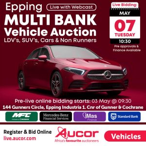MULTI BANK VEHICLE AUCTION – EPPING | AUCOR CAPE TOWN | 7 May 10:30 | https://bit.ly/3UvbyOn 44 Gunners Circle, Epping Industria 1. Cnr of Gunners & Cochrane, Cape Town. Secure pre-approved bank finance, contact Mathilda Fourie on 082 337 2210 | www.auctionfinance.co.za Auth. FSP34936 Heat up with a new ride. Come & bid on our Multi Bank Vehicle Auction. Live on-site with webcast bidding starts on Tuesday, 07 May at 10:30. Pre-webcast online bidding available from 03 May at 09:30. Register & Bid | https://bit.ly/3UvbyOn or download our Aucorlive App | onelink.to/aucorlive Viewing Days are on Friday, 03 May from 09:00 to 15:00 & Monday, 06 May from 09:00 to 16:00 at 144 Gunners Circle, Epping Industria 1. Cnr of Gunners & Cochrane, Cape Town. Viewing will be held strictly by appointment and per schedule. For general enquiries call us on 021 534 4446. ---------------------------------------- Online Tutorial Videos: https://bit.ly/2YV3lXc ---------------------------------------- Auction Finance Secure pre-approval bank finance, call Mathilda on 082 337 2210 mathilda@auctionfinance.co.za www.auctionfinance.co.za Auth. FSP24936