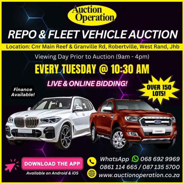LIVE BANK & FLEET VEHICLE AUCTION – WEST RAND | 22 APRIL 10:30 | www.auctionoperation.co.za Secure Pre-Approved Bank Finance, contact Nondumiso Mzungu +27646731349 | www.auctionfinance.co.za Auth. FSP34936 Venue: Cnr Main Reef & Granville Road, Lea Glen (Robertville), Roodepoort, West Rand (-26.191199, 27.917007).
