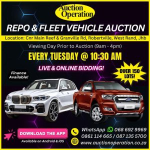 LIVE BANK & FLEET VEHICLE AUCTION – WEST RAND | 29 APRIL 10:30 | www.auctionoperation.co.za Secure Pre-Approved Bank Finance, contact Nondumiso Mzungu +27646731349 | www.auctionfinance.co.za Auth. FSP34936 Venue: Cnr Main Reef & Granville Road, Lea Glen (Robertville), Roodepoort, West Rand (-26.191199, 27.917007).