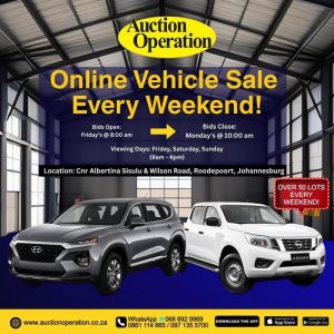 ONLINE WEEKEND VEHICLE AUCTION - ROODEPOORT | 2-5 MAY 2025 | www.auctionoperation.co.za Secure Pre-Approved Bank Finance, contact Nondumiso Mzungu +27646731349 | www.auctionfinance.co.za Auth. FSP34936 Auction Date: Fri 02 May 2025 08:00 to Mon 05 May 2025, 10:00. Viewing: View Online: live.auctionoperation.co.za/ Venue: Cnr Albertina Sisulu & Wilson Road, Roodepoort, Johannesburg