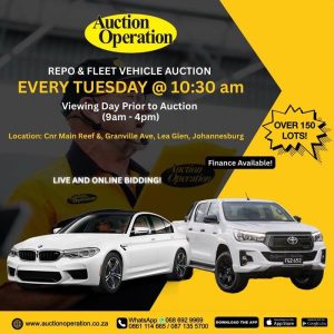 LIVE BANK & FLEET VEHICLE AUCTION – WEST RAND | 27 MAY 10:30 | www.auctionoperation.co.za Secure Pre-Approved Bank Finance, contact Nondumiso Mzungu +27646731349 | www.auctionfinance.co.za Auth. FSP34936 Auction Date: Tue 06 May 2025 10:30 Viewing: View Online: live.auctionoperation.co.za/ Venue: Cnr Main Reef & Granville Road, Lea Glen (Robertville), Roodepoort, West Rand (-26.191199, 27.917007).