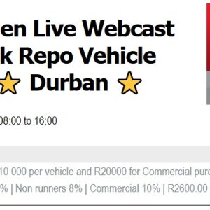 MFC BANK VEHICLE AUCTION (TIMED THEN LIVE WEBCAST) – DURBAN | 20 MAY 2025 | https://aucor.com/auction/timed-then-live-webcast-mfc-bank-repo-vehicle-auction-%E2%AD%90-durban-%E2%AD%90-3 Secure Pre-Approved Bank Finance, contact Dineshni Naidoo +27833812303 | www.auctionfinance.co.za Auth. FSP34936