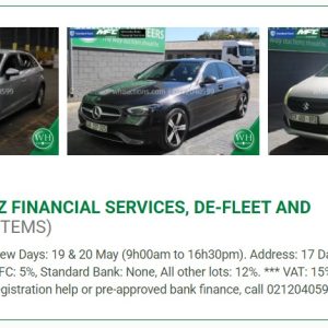 MFC, STANDARD BANK, MERCEDES BENZ FINANCIAL SERVICES, DE-FLEET & LIQUIDATIONS LIVE & WEBCAST - CAPE TOWN | 21 MAY 2025 | www.whauctions.com Secure pre-approved bank finance, contact Mathilda Fourie +27823372210 | www.auctionfinance.co.za Auth. FSP34936